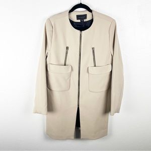 METAPHOR Oxford Tan Collarless Longline Front Zip Lined Coat, Size Large